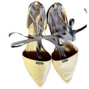 Boden‎ Gold Ankle Wrap Tie Pointy Toe Flats